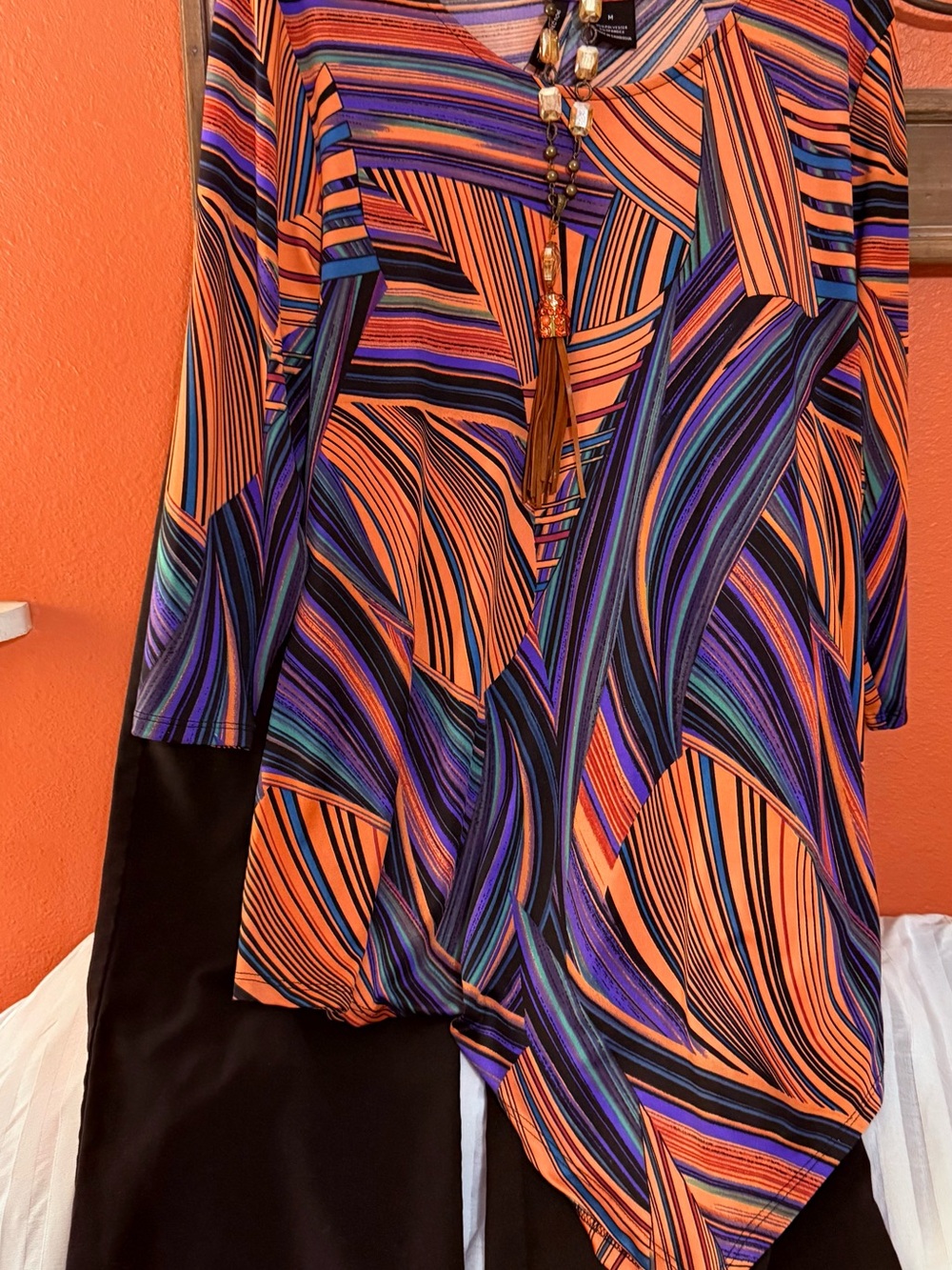 “New Directions” Orange, Purple, Blue Abstract Striped Tunic with Rose Necklace